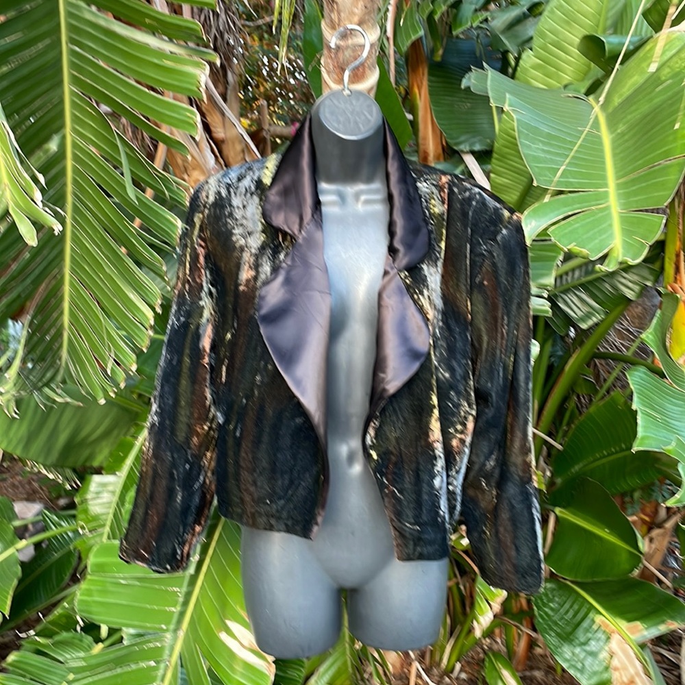 Crop, velvet, and satin jacket with shoulder pads